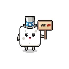 sugar cube cartoon as uncle Sam holding the banner I want you