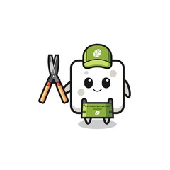 cute sugar cube as gardener mascot