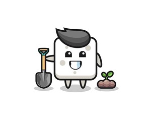 cute sugar cube cartoon is planting a tree seed