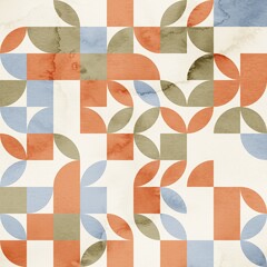 Seamless mid century retro watercolor geometric surface pattern design for print. High quality illustration. Aesthetic watercolor paint contemporary pastel collage composition. Subtle elegant design.
