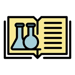 Open book and test tubes icon. Outline open book and test tubes vector icon color flat isolated
