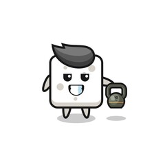 sugar cube mascot lifting kettlebell in the gym
