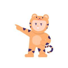illustration of a child wearing a tiger costume. celebrate a party or event by wearing a costume. funny, cute, and adorable characters. shio tiger. flat cartoon style. vector design