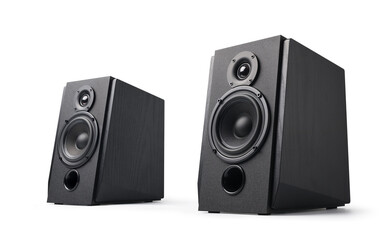 Obraz premium Pair of new black bookshelf speakers isolated on white background.