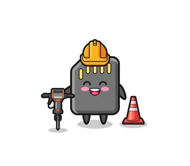 road worker mascot of memory card holding drill machine