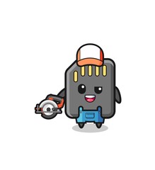 the woodworker memory card mascot holding a circular saw
