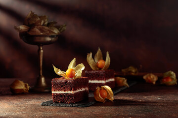 Chocolate cake with physalis.