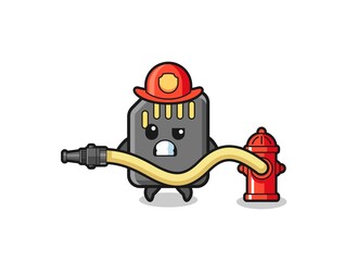 memory card cartoon as firefighter mascot with water hose