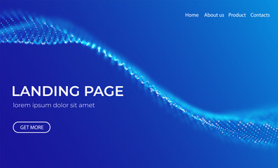 Abstract landing page background with blue particles. Flow wave with dot landscape. Digital data structure. Future mesh or sound grid. Pattern point visualization. Technology vector illustration.