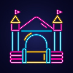 Bouncy castle neon icon. Jumping house on kids playground. Vector illustration.
