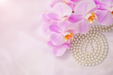 The branch of purple orchids on white fabric background
