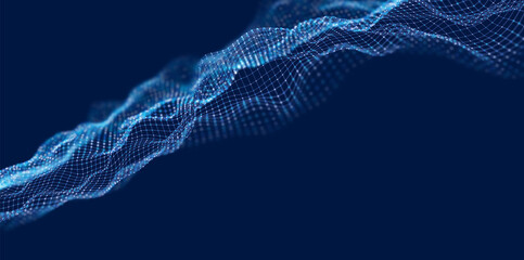 Dynamic blue particle wave. Abstract sound visualization. Flow digital structure. Mesh landscape or grid data technology.