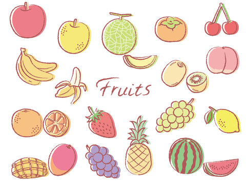 果物 フルーツ かすれた線画に版ズレの色付き セット イラスト