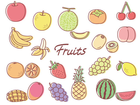 果物 フルーツ 線画に版ズレの色付き セット イラスト