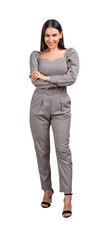 Full length front view of smiling attractive business woman in crossed arms pose worn a formal grey check jumpsuit, confident look, isolated over white background. Concept of personal growth, success