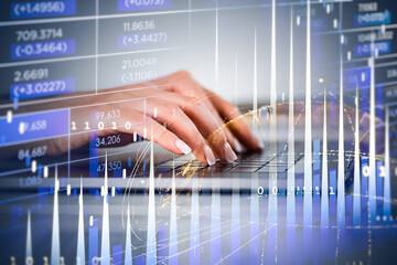 Close up businesswoman hands typing laptop keyboard to continue trading operations. Concept of analyzing stock market behavior. Forex candlestick graphs.
