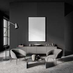 Grey living room interior with armchairs and drawer with window, mockup poster