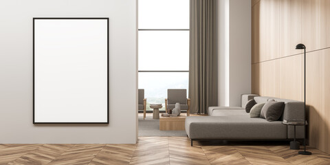 Empty canvas on beige wall with living room on background