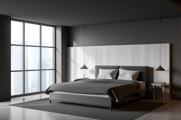 Grey bedroom interior with bed on grey carpet and window with skyscrapers
