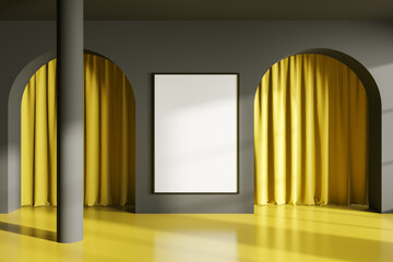 Yellow empty living room interior with arch doors, mockup poster
