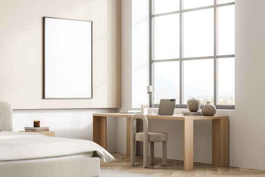 Light bedroom interior with bed and workplace near window, mockup poster