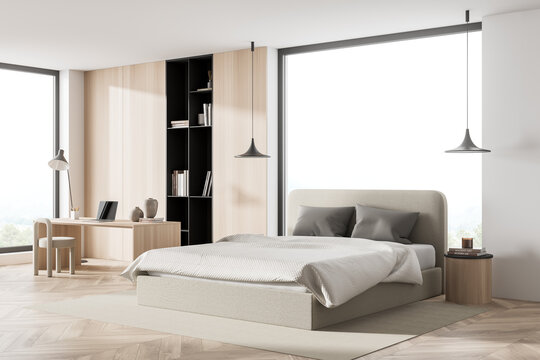 Corner view on bright bedroom interior with panoramic window