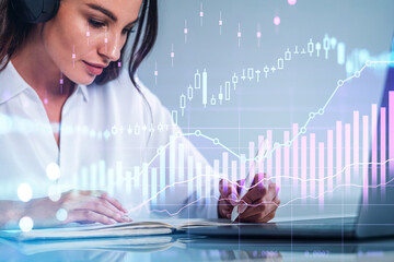 Businesswoman, stock trader analyzing stock data to apply new st