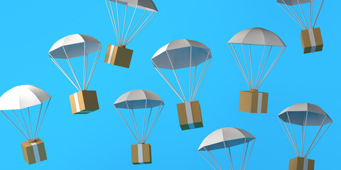 Fototapeta na wymiar Parachute order delivery. Logistics. Copy space. 3D illustration.