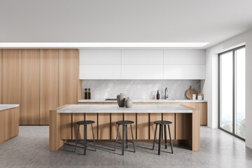 Modern minimalist white and grey kitchen with breakfast bar