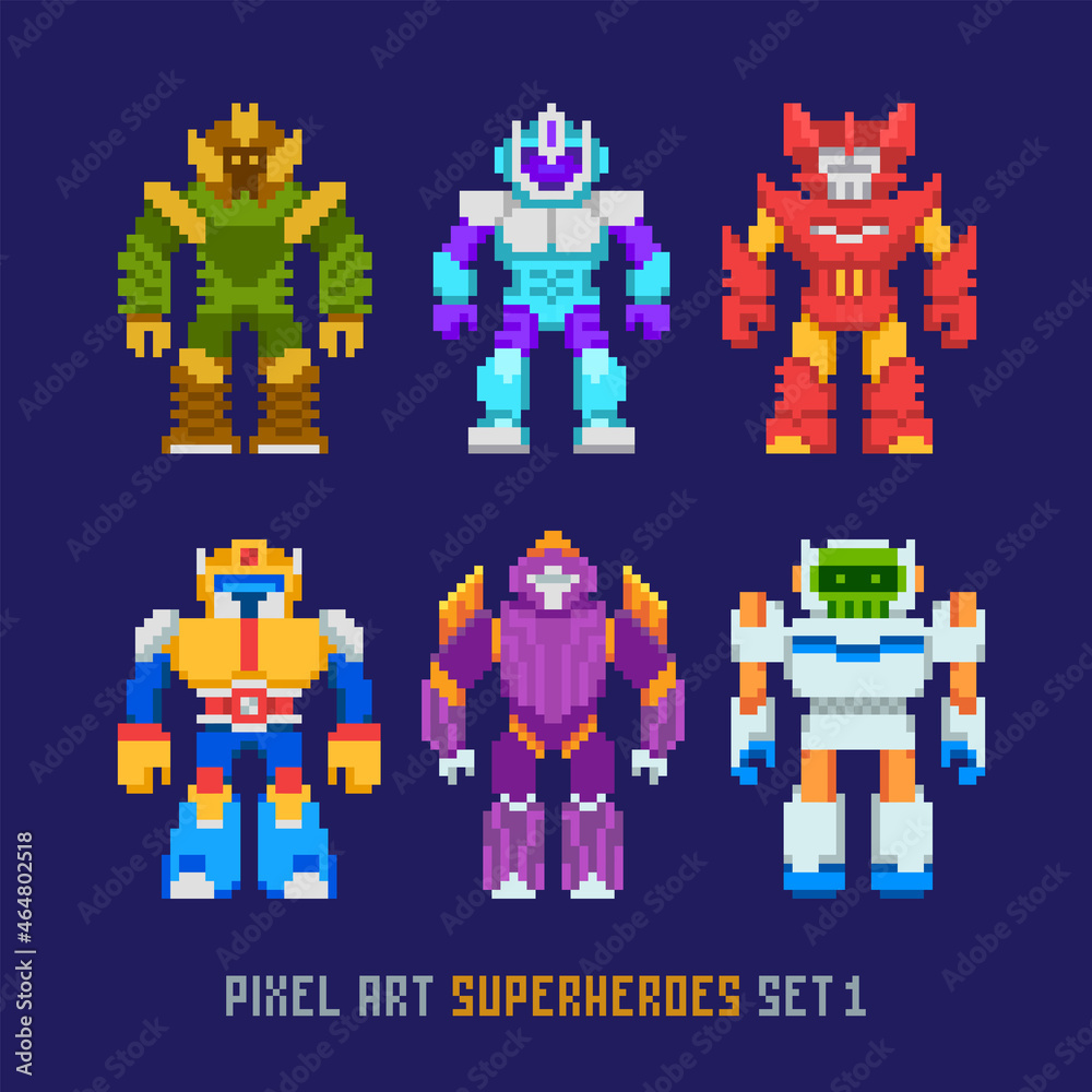 Poster pixel art cartoon robots and 8-bit superheroes isolated vector set 1. retro video game style invader