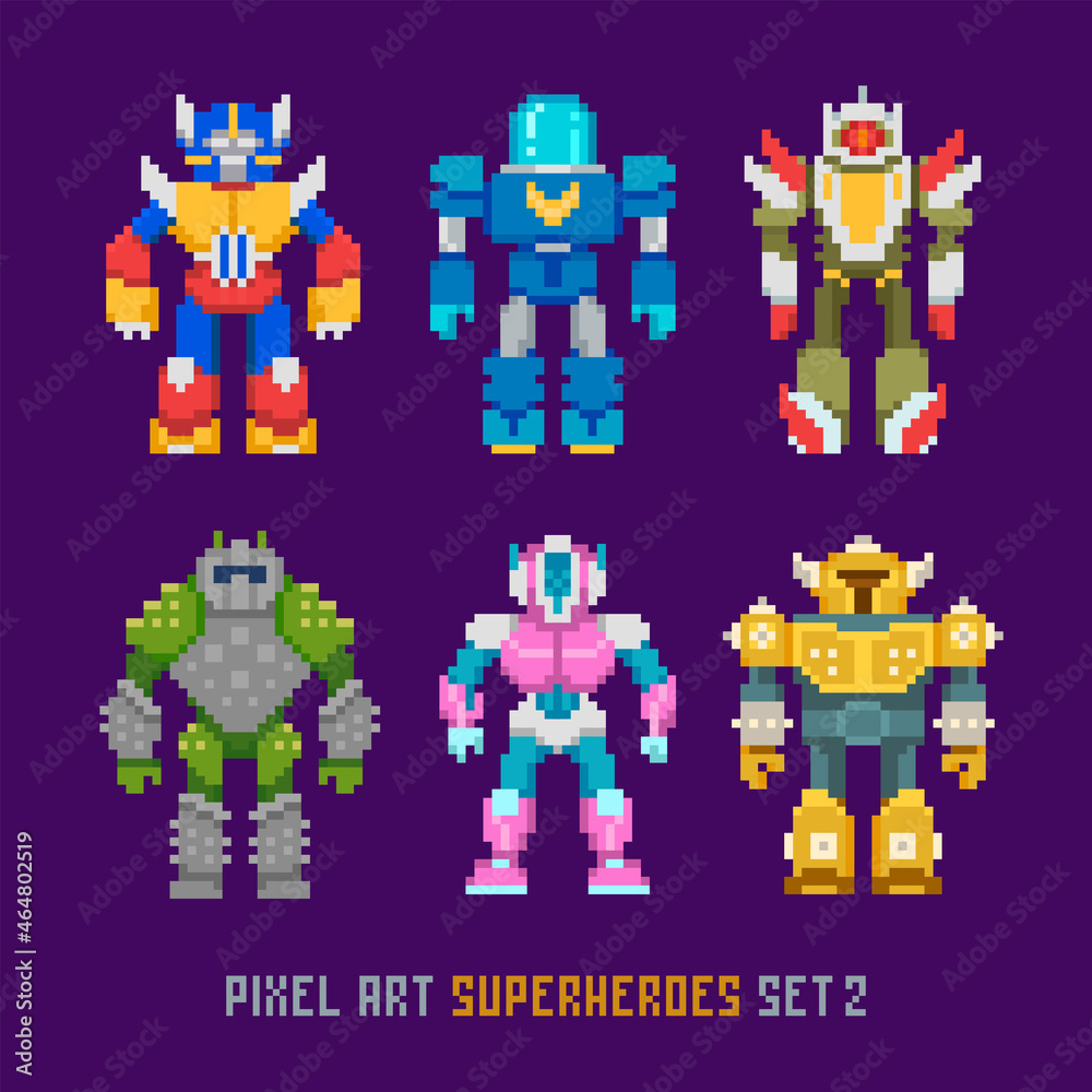 Poster pixel art cartoon robots and 8-bit superheroes isolated vector set 2. retro video game style invader