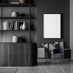 Canvas in grey living room with shelving and blue armchair