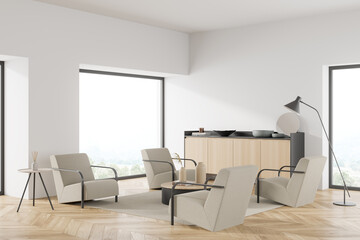 Corner view on bright living room interior with panoramic window