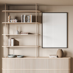 Empty canvas on beige wall with stylish living room shelving