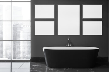 Dark bathroom interior with five white empty poster, bathtub