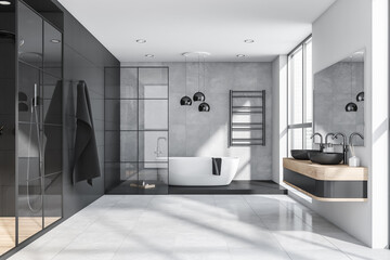 Grey and black bathroom with tiled floor and walls