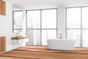 Naklejka na ściany i meble Corner view on bright bathroom interior with two sink, bathtub