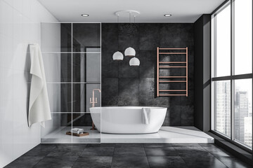 Modern grey and white bathroom with oval bathtub and copper details