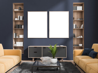 Blue and yellow living room with two canvases between niche shelves