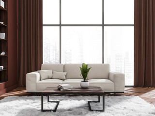 Panoramic living room with white couch and red curtains