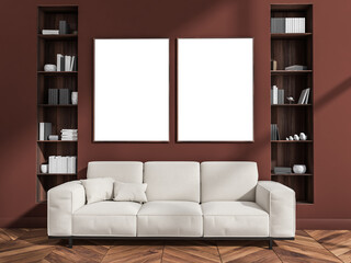 Wall art and white couch in modern dark red living room