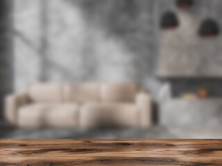 Fototapeta na wymiar Table for product display with background blur grey and beige living room