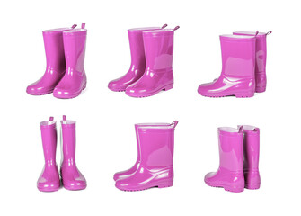Set of pink rubber boots isolated on white background