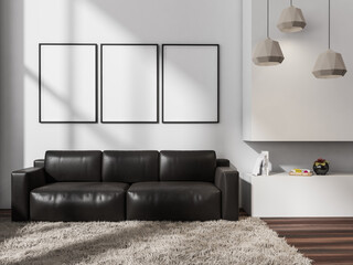 White living room interior with sofa gallery mockup posters