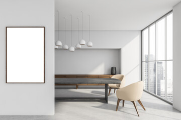 Light dining interior with table and chairs near window, mockup poster