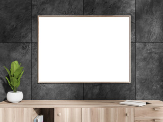 Fototapeta premium Grey exhibition room interior with drawer and decoration, mockup poster
