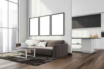 Three mockup frames in modern white living space with kitchen. Corner view.