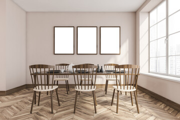 Wooden dining room interior with furniture and window, mockup posters