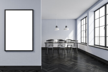 Wooden dining room interior with furniture and window, mockup poster