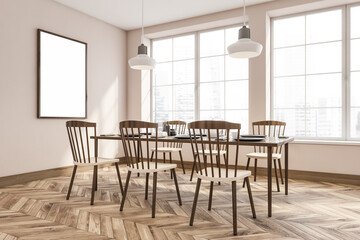Wooden dining room interior with furniture and window, mockup poster